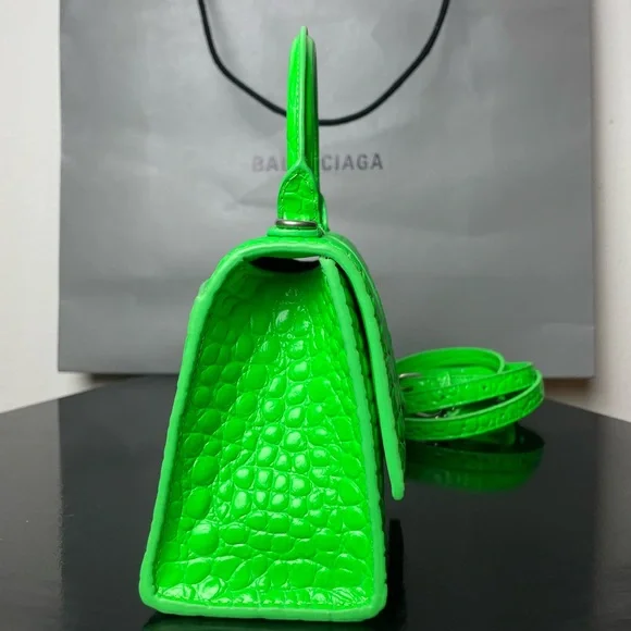 Balenciaga Neon Green Hourglass XS Croc-Embossed Top Handle Bag - Picture 6 of 9